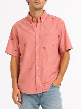 Chaps Lobster Print Buttondown Short Sleeve Cotton Performance Nautical Shirt